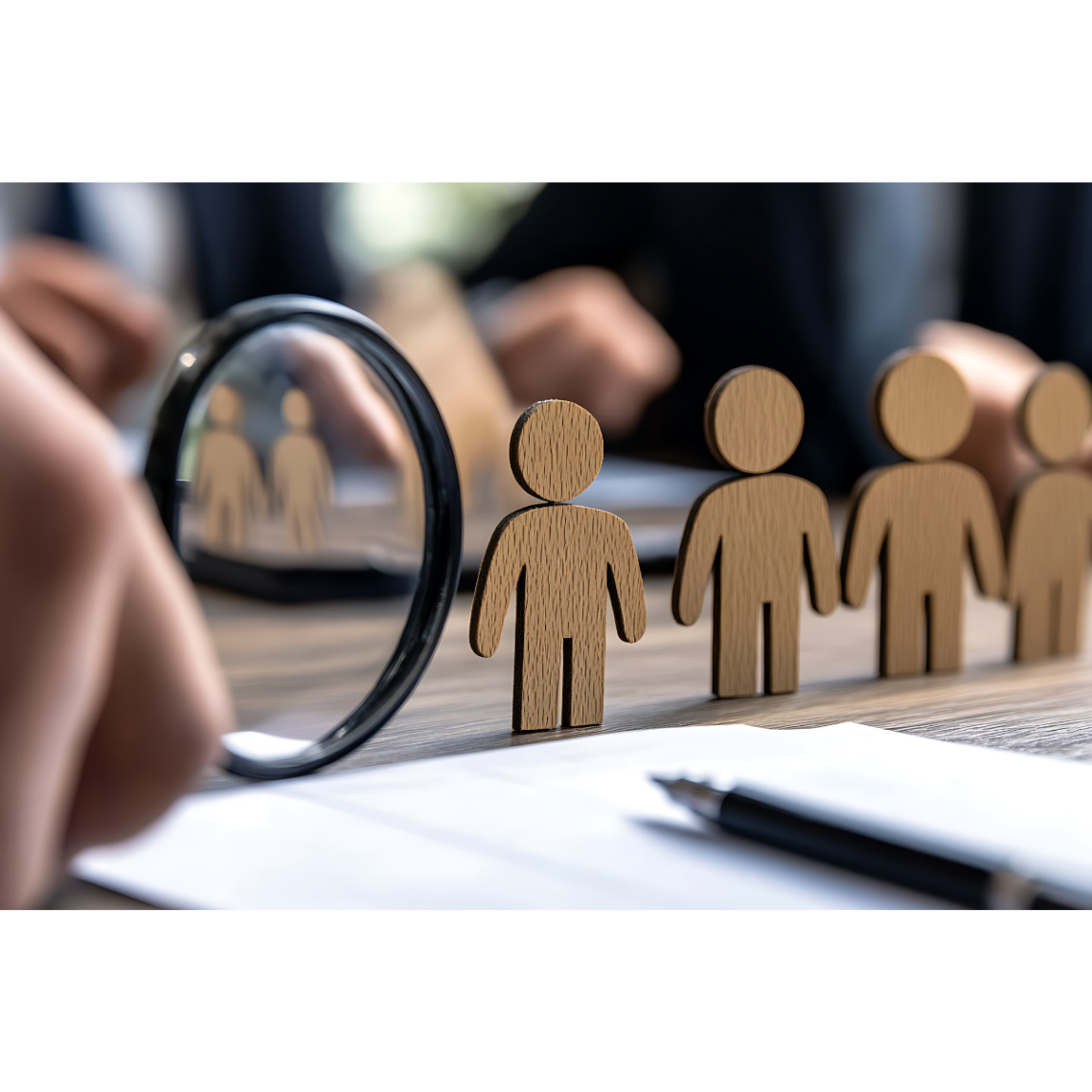 wooden people next to magnifying glass